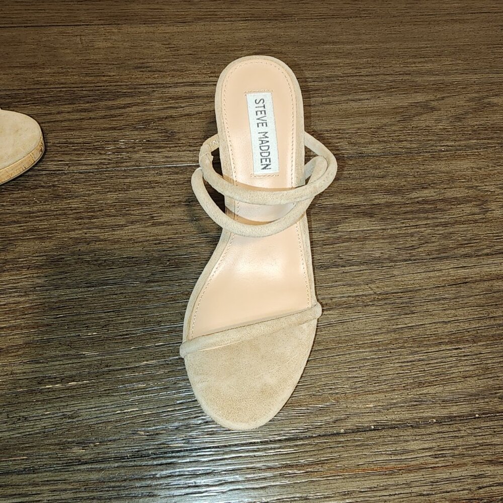 STEVE MADDEN Women's Udell Strappy Platform Wedge Sandals NWT TAN SUEDE CORK 6M - Picture 3 of 10
